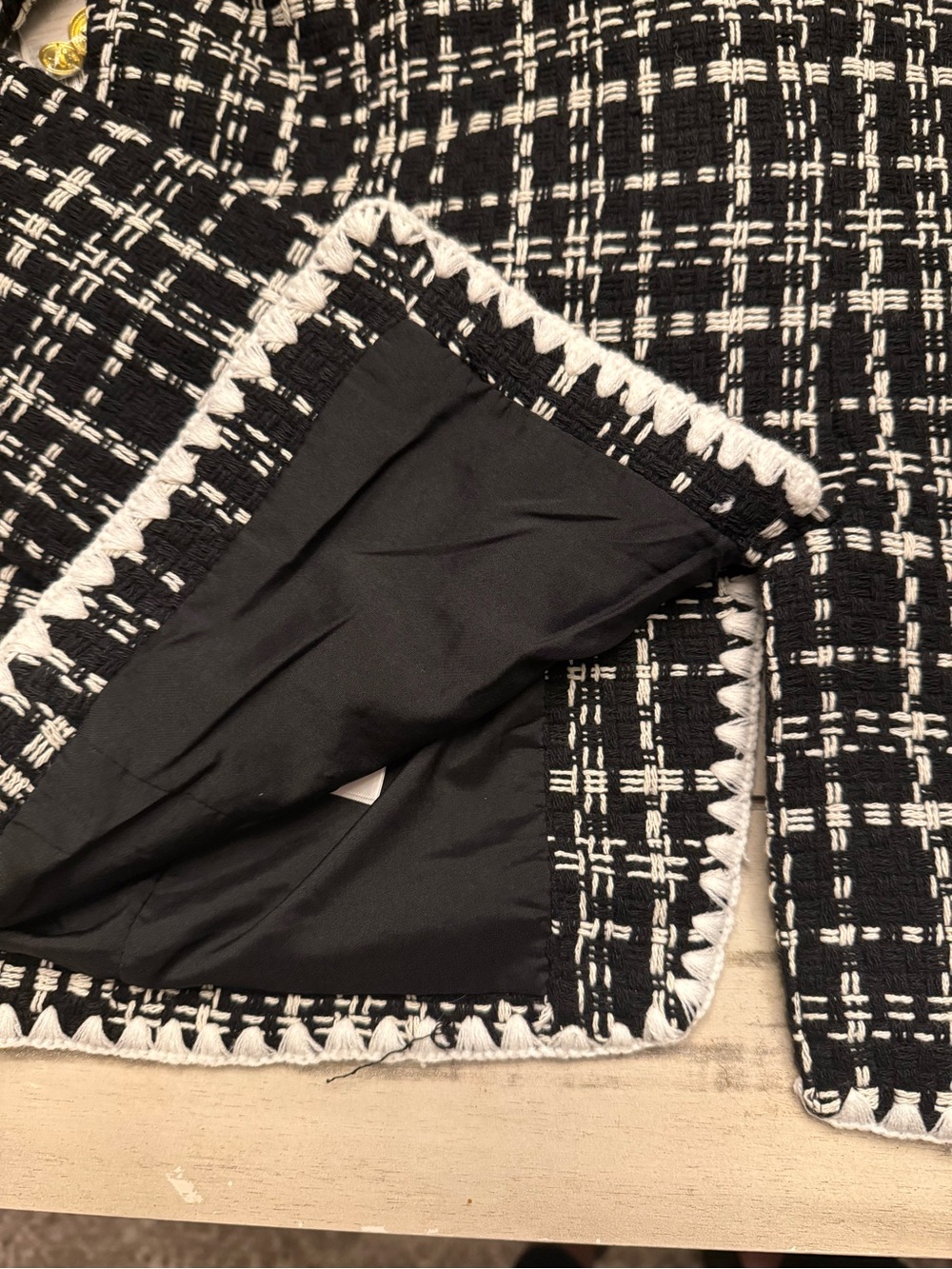 Laundry Shelli Segal Black White Plaid Tweed Blazer Jacket Blanket Stitch Med - Picture 10 of 11